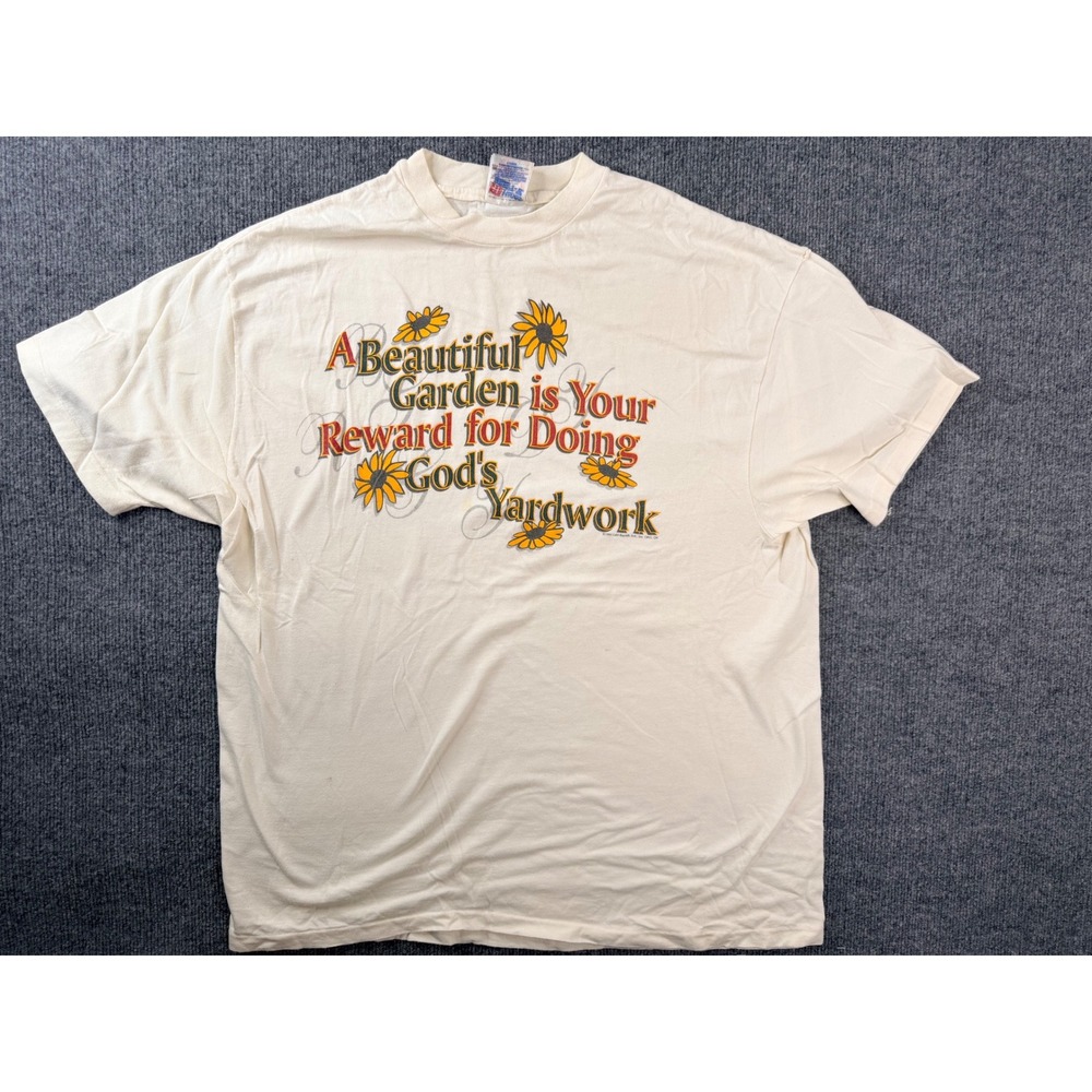 Vintage 90s Laid Back T Shirt XL Cream Cotton Graphic Tee USA Made 1994 Garden